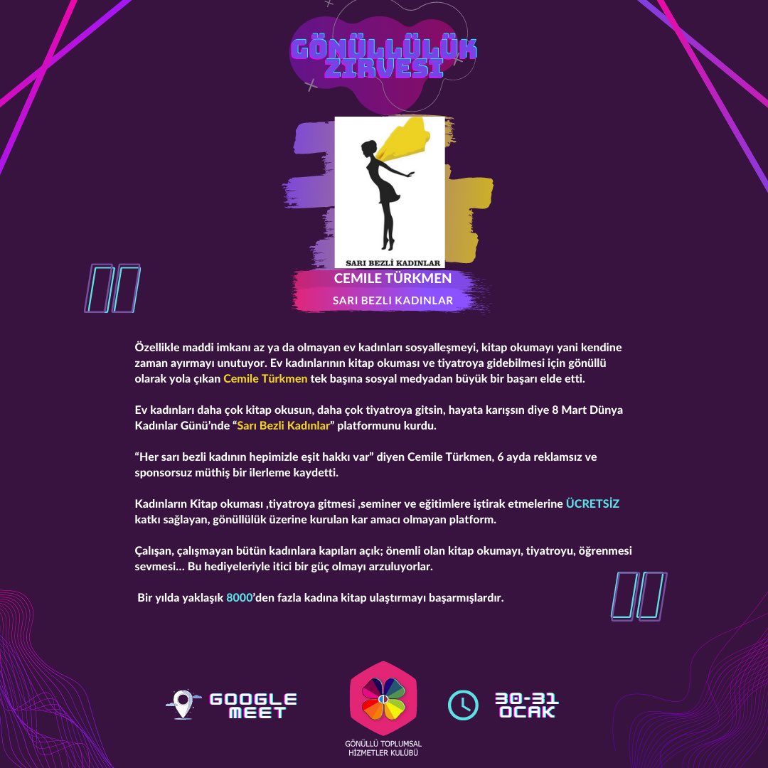 30 Ocak Cumartesi günü Gönüllülük Zirvemizde “Sarı Bezli Kadınlar” platformu kurucusu Cemile Türkmen bizlerle olacak🍀💜 <a href="/saribezlikdnlr/">sarıbezlikadınlar</a> 
#GZ’21 #anadoluüniversitesi