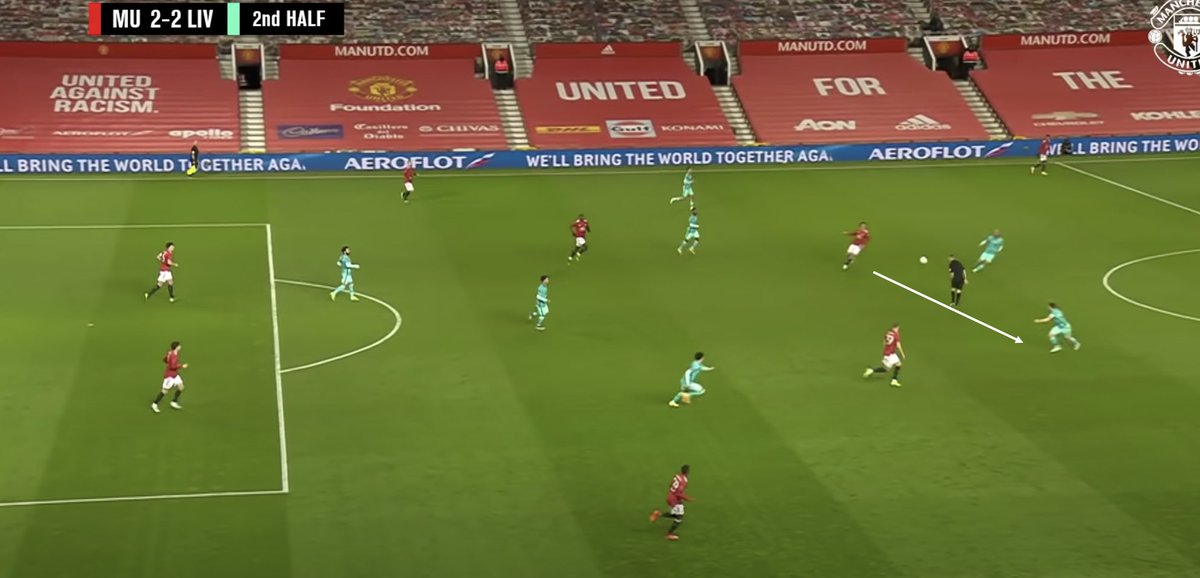 The first goal conceded  #MUFC conceded came from poor organization and tracking. Ultimately, Shaw is too attracted to watching the ball and doesn’t track Salah’s run. The second goal came from a sloppy loss of possession — vast space between the backline and midfield.