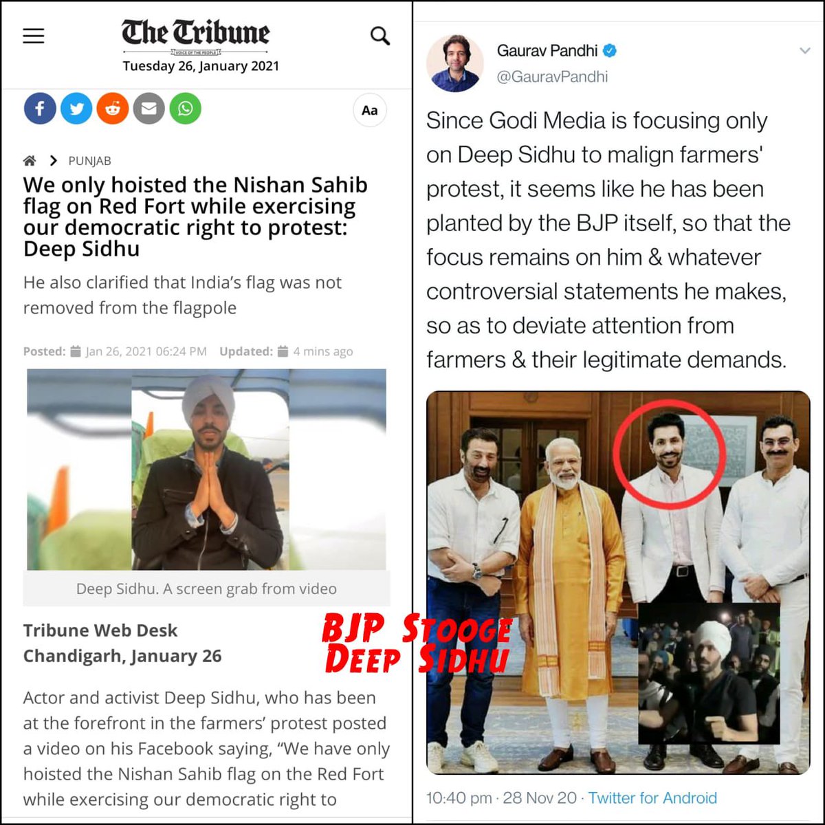 Rz_posts's tweet image. It is BJP&apos;s Deep Sidhu, who hoisted religious flag at Red fort. 
Will Godi media dare to question BJP?
#GodiMediaStopMisleading