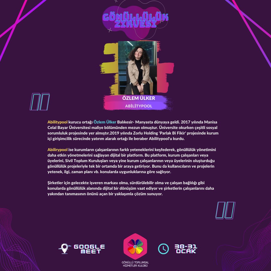 30 Ocak Cumartesi günü Gönüllülük Zirvemizde Abilitypool Kurucu Ortaklarından Özlem Ülker bizlerle olacak 🍀💜 <a href="/AbilityPool/">AbilityPool</a> 
GZ’21 #anadoluüniversitesi #auogrencikulup