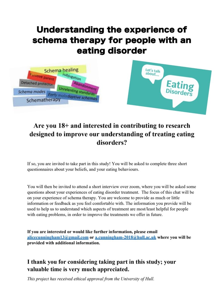 CunninghamA_'s tweet image. If you&apos;ve been treated with schema therapy for an eating disorder I&apos;d love to hear from you! My PhD research is looking to improve understanding of treatment in eating disorders. Message me if interested! Please retweet😊 @beatED #researcher #phdstudy #phdchat #eatingdisorder