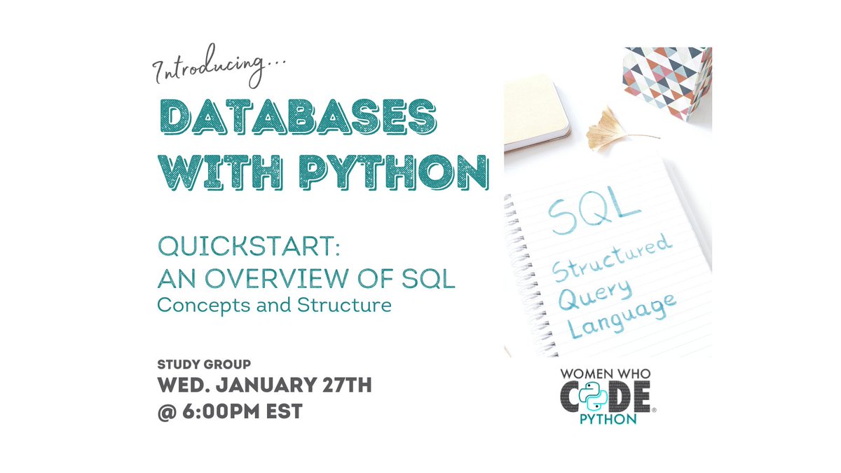 Join us on 𝗪𝗲𝗱𝗻𝗲𝘀𝗱𝗮𝘆, 𝗝𝗮𝗻𝘂𝗮𝗿𝘆 𝟮𝟳𝘁𝗵 𝗮𝘁 𝟲:𝟬𝟬𝗣𝗠 𝗘𝗦𝗧 for Session 1 of our 𝗗𝗮𝘁𝗮𝗯𝗮𝘀𝗲𝘀 𝘄𝗶𝘁𝗵 𝗣𝘆𝘁𝗵𝗼𝗻 study group! We will kickstart the 4-session series with an exploration of SQL concepts and structure.
Register! https://t.co/ZkYW4yz7xK https://t.co/6x1abvO2uY