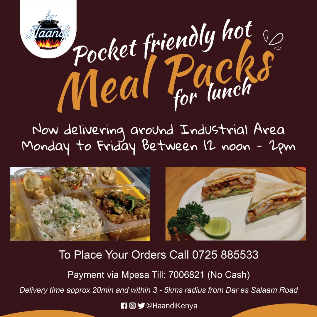 Now delivering around Industrial Area, order your Pocket Friendly Meal Packs and get them delivered within 20 minutes. To order call 0725 885533 #ExperienceHaandi