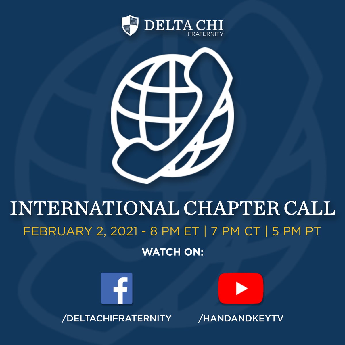 DeltaChiHQ's tweet photo. Join us for The Delta Chi International Chapter Call on February 2nd at 8pm ET. Hear from Jerod Breit (Executive Director), Aaron Otto ("AA", International President), and Rod Arnold (DCEF President &amp; Chairman) as they recap 2020 and preview the spring.
https://t.co/WrBWwML3DM https://t.co/1FEkdKu6Vf