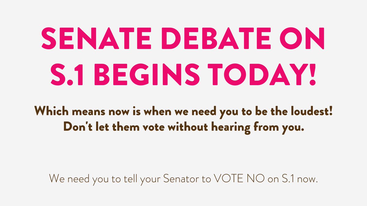 Grey background. Large pink text reads: “Senate debate on s.1 begins today!” Brown text reads: “Which means now is when we need you to be the loudest! Don't let them vote without hearing from you. We need you to tell your Senator to VOTE NO on S.1 now.”