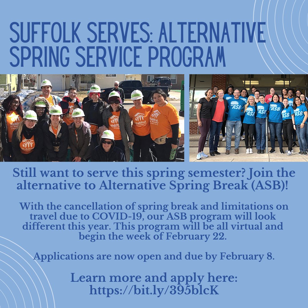 Are you itching to volunteer during COVID-19, but not sure how to get involved? Missing Alternative Spring Break (ASB)? Check out our Suffolk Serves: Alternative Spring Service Program! Learn more and apply: bit.ly/395blcK