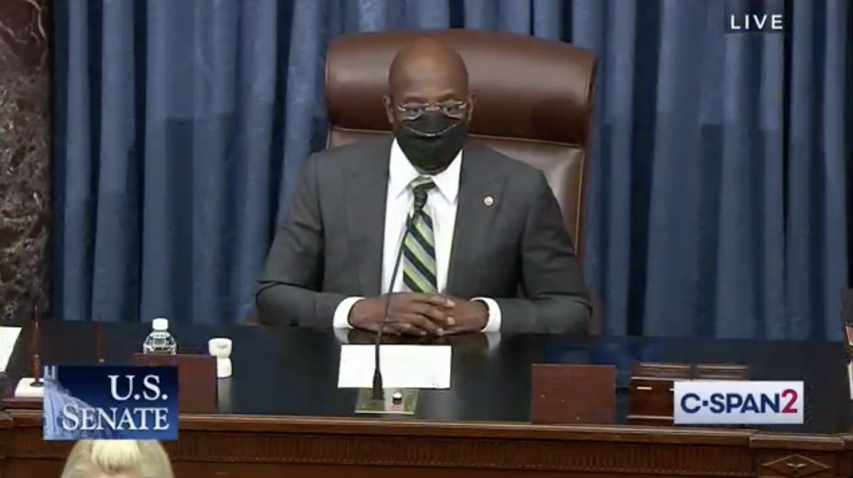 Amazing to see <a href="/SenatorWarnock/">Senator Reverend Raphael Warnock</a> – sworn in last week as Georgia’s first Black senator – presiding over the Senate this morning.
