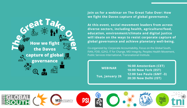 #HappeningNow

We will be #livetweeting The Great Take Over, a webinar to discuss ways to #StopDavosAgenda. 

Join us for a discussion abt unmasking the corporate capture of #GlobalGovernance thru forums like #Davos2021 NOW!

Register: us02web.zoom.us/webinar/regist…