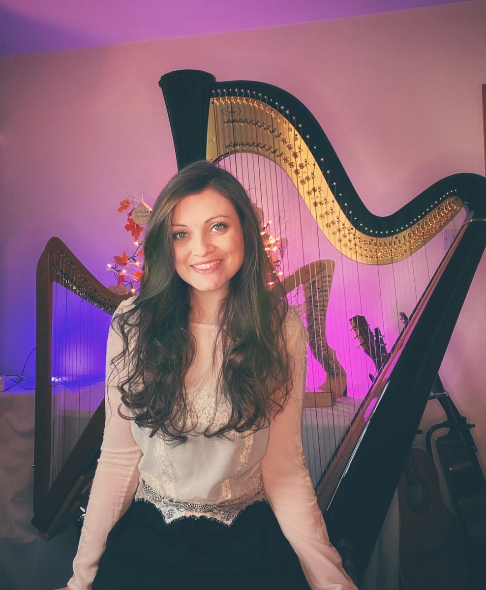 My harp collection and I are looking forward to today’s harp and singing stream on twitch at 4pm GMT (and yes, I kinda did sit right there on purpose cos my two <a href="/HarpsicleHarps/">Harpsicle Harps</a> look a bit like wings 😇😜). 
Hope you can join me! twitch.tv/cerianmusic