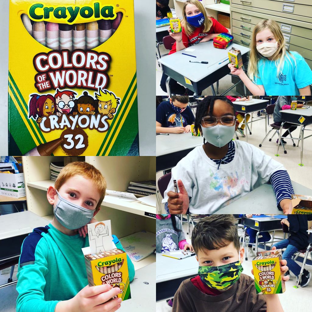 There was so much excitement in art class today! We received a class set of “Colors of the World” crayons through a BEF grant. Included in the box is a wide variety of skin tones as well as hair and eye colors.