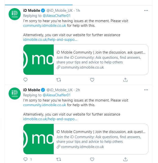 AlexaChaffer01's tweet photo. @iD_Mobile_UK so just a bot replying then... there is no way to actually contact you? https://t.co/d7zjODVcfN