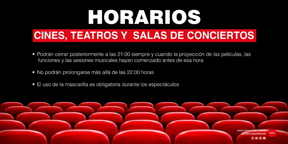 Comunidad de Madrid (@comunidadmadrid) on Twitter photo 🔴 Permitimos que las actividades culturales terminen después de las 21h, siempre y cuando hayan comenzado con anterioridad.
‼ No podrán alargarse más allá de las 22h y el uso de la mascarilla será siempre obligatorio. 🔴 Permitimos que las actividades culturales terminen después de las 21h, siempre y cuando hayan comenzado con anterioridad.
‼ No podrán alargarse más allá de las 22h y el uso de la mascarilla será siempre obligatorio.