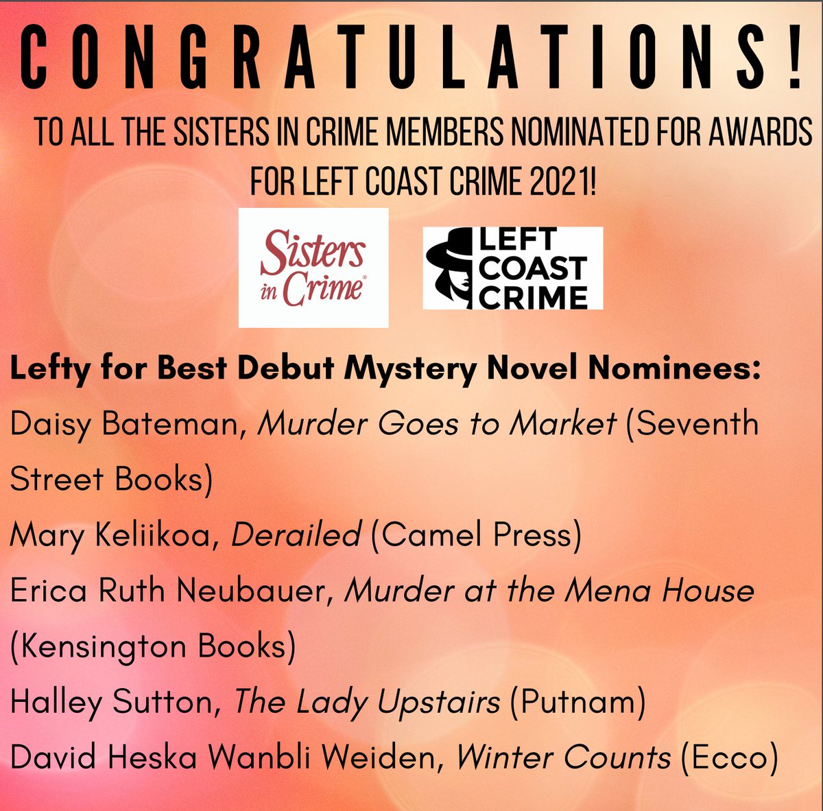 Best Debut Mystery: @daisyj, Murder Goes to Market  @SeventhStBooks @mary_keliikoa, Derailed,  @CamelPressBooks  @EricaRuthWrites, Murder at the Mena House  @KensingtonBooks  @halley_sutton, The Lady Upstairs  @PutnamBooks   @WanbliWeiden, Winter Counts  @eccobooks