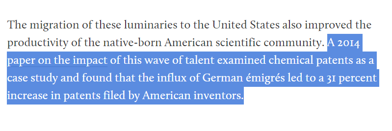 And this wasn't just a 1:1 transfer of talent, this new intellectual community pushed our domestic fields to become more productive and drew in new inventors.