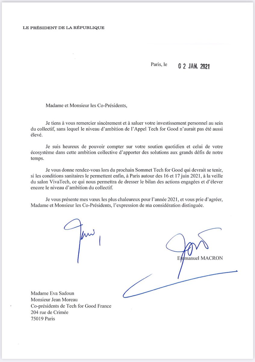 Jean_MOREAU_'s tweet photo. 🙏 @EmmanuelMacron, vous pouvez en effet compter sur nous pour élever encore le niveau d’ambition du collectif signataire du #TechForGoodCall, y porter et y défendre une vision exigeante de la #TechForGood, pour une innovation technologique au service des #ODD
#AppelTechForGood https://t.co/A7a0jj2faN