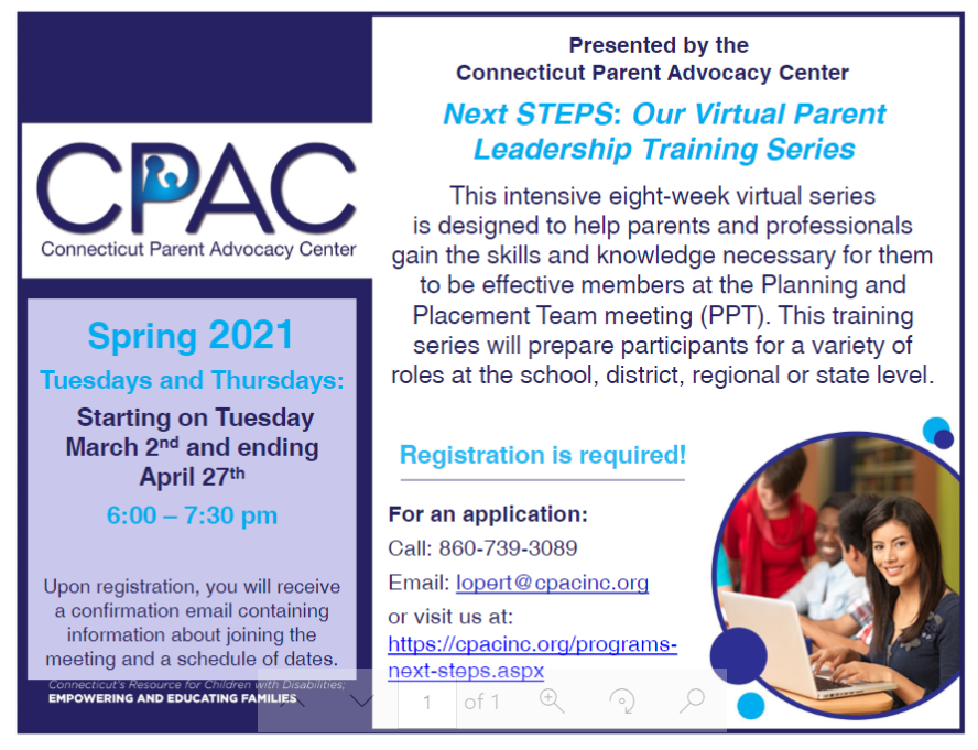 CPACInc's tweet photo. Next STEPS: Our Virtual Parent Leadership Training Series
For an application, Call: 860-739-3089 or Email: lopert@cpacinc.org or visit us at: https://t.co/BZVaPnMF2t
#SpecialEducation #CTParentAdvocacyCenter #ParentLeadership #DualCapacity https://t.co/CRImcp1u2V