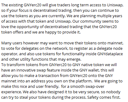 The GNYerc20 token does not immediately have to go through our specially designed swapgate and convert to the GNY native tokenDetailed response below from the team on the swapgate:12/