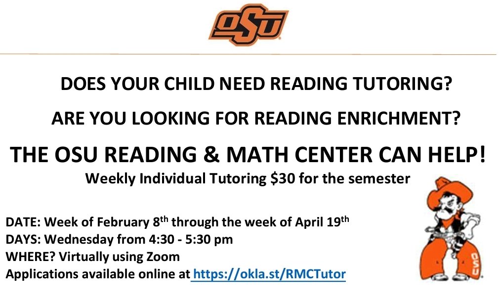 Distance learning got you down? 😕 Does your child need extra support in reading and math? 🙌
Tutoring is available now! Register at  okla.st/RMCTutor