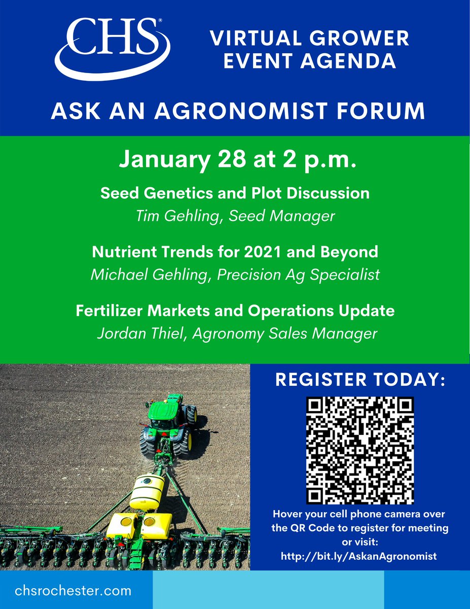 CHSRochester's tweet photo. Join us this Thurs for our virtual Ask an Agronomist event. Starting at 2 p.m. (CST) join online to listen and interact with your local agronomy team. 
To attend you will need to register before the event to receive the link to join the meeting. Register: https://t.co/vPr1Pd2w1A https://t.co/HX74Gs3dIE