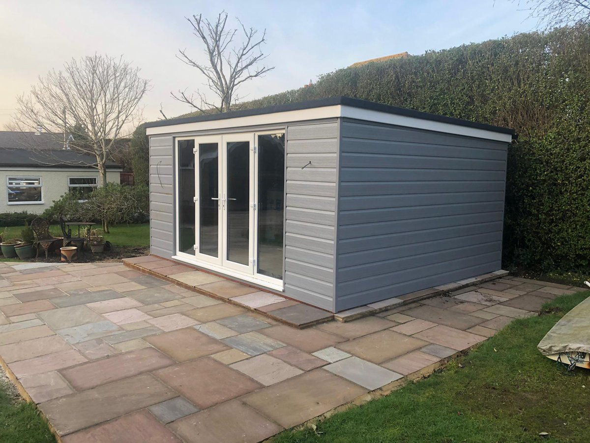 Another garden office completed recently in Hill Head, Hampshire complete with Indian Calibrated Sandstone Patio and Pathways to main house.   #gardenaccessories #HomeOffice #mancave #bar #gym #Studio