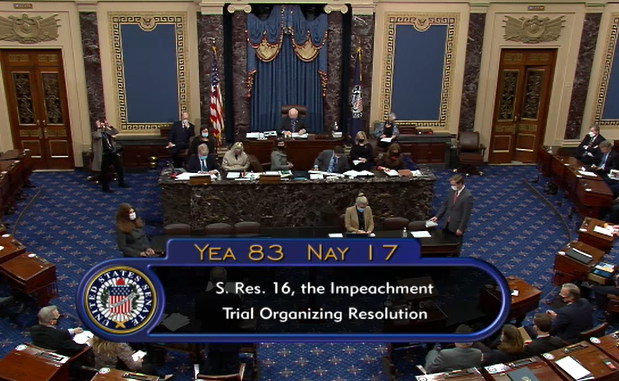 The oddity of 2021 is that the Senate is approving an organizing resolution for the Trump impeachment trial before passing one for the full Senate.  The trial will resume on February 9.