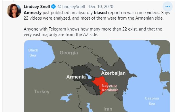  @amnesty 2020 : Sorry we produced a very bad & biased report on war crimes on civilians, because we had no time, sorry, rightful critic! Hundreds of  #AzeriWarCrimes videos but we manage to produce a 'representative' sample of 22 with majority  videos https://twitter.com/LindseySnell/status/1338774842418532352
