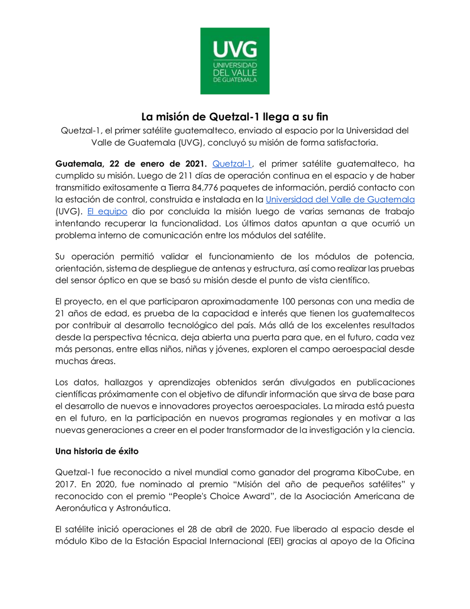 quetzal1_uvg's tweet photo. La misión de #Quetzal1, con 211 días de operación continua, llegó a su fin. Recorrimos el mundo entero, con ese pedacito del cielo que pertenecía a Guatemala. Nos vamos con la frente en alto, y la mirada en el futuro.

Gracias a todos, nos vemos en el espacio 🌠

@JAXA_en @UNOOSA https://t.co/LRsGPZ7oMK
