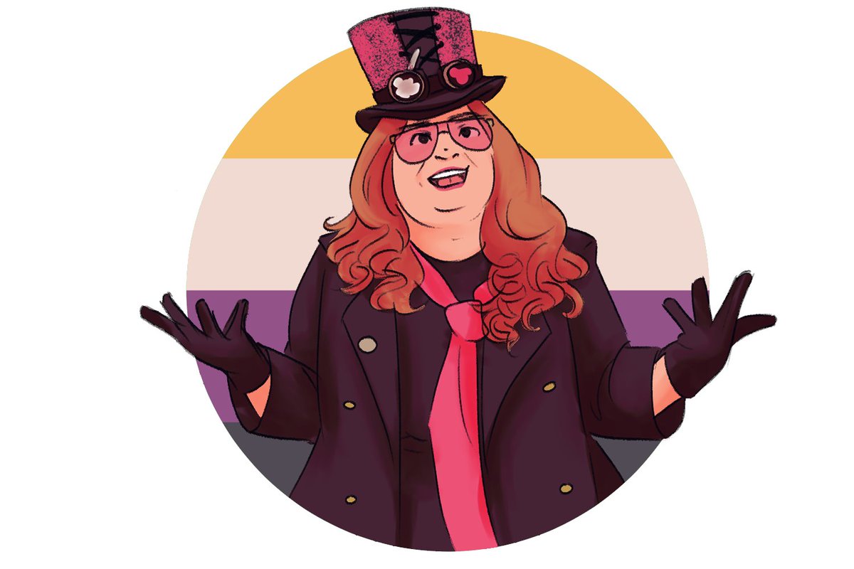 A digital drawing of Jim Sterling, against a non-binary flag circular background. They are wearing a red, long curly wig, hot pink top hat with goggles on it, pink aviator glasses, a black blazer, black dress and hot pink tie.