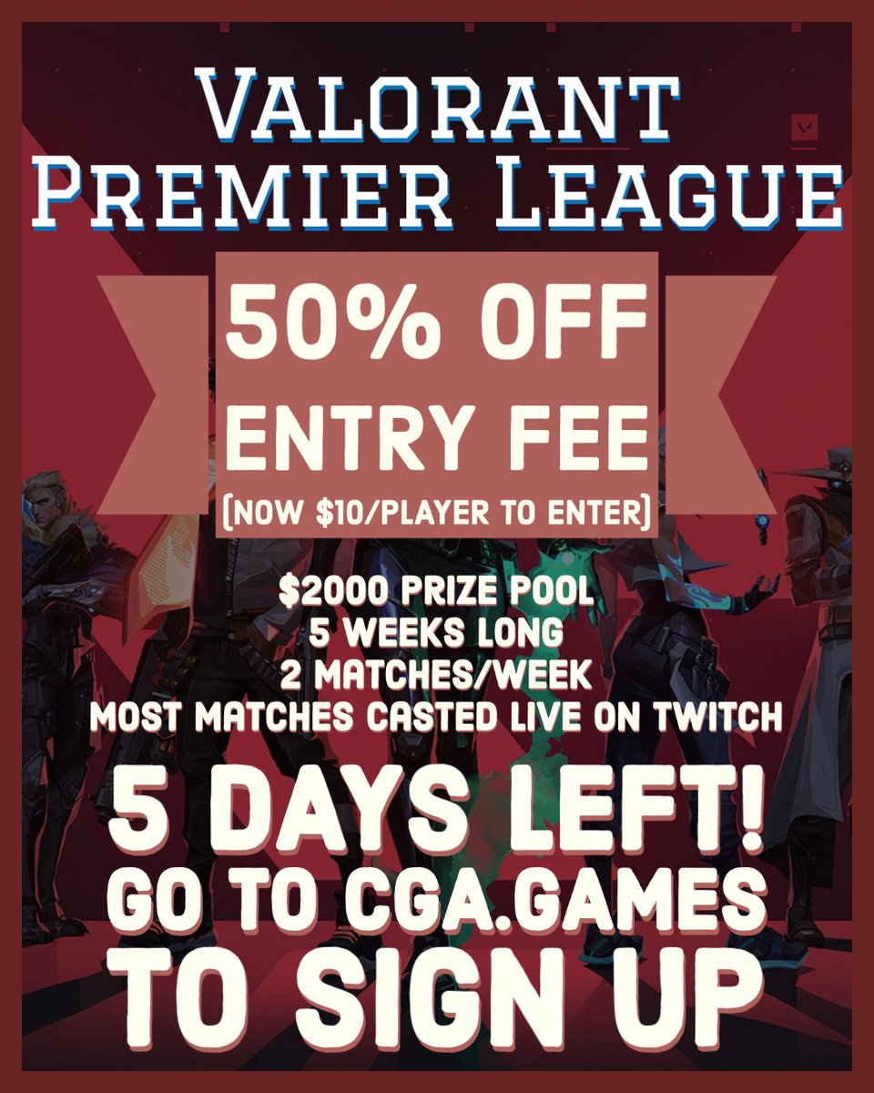 TheOfficialCGA's tweet photo. THIS IS THE BIGGEST DISCOUNT YET. You only have 5 days left to sign up for the #cga #valorant league! What are you waiting for! Turn those $10 to $2000! 

Sign up link: https://t.co/jHKEiLgoUV

⌚ Deadline for sign ups is 1/31 at 12AM CST 

#esportsteam #esportslife #esportsnews https://t.co/ZHaoA7BTEj