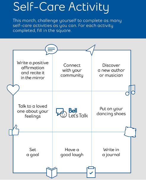 lunacentreyyc's tweet photo. #BellLetsTalk Day is on Thursday.  We want to join in on the conversation...and have you share with your kids what it's all about.  
Here's a neat bingo card to add some self-care and conversation in your household.  

#CCAC #mentalhealth #talkTuesday #hope #help #healing https://t.co/2lgbWubaRx