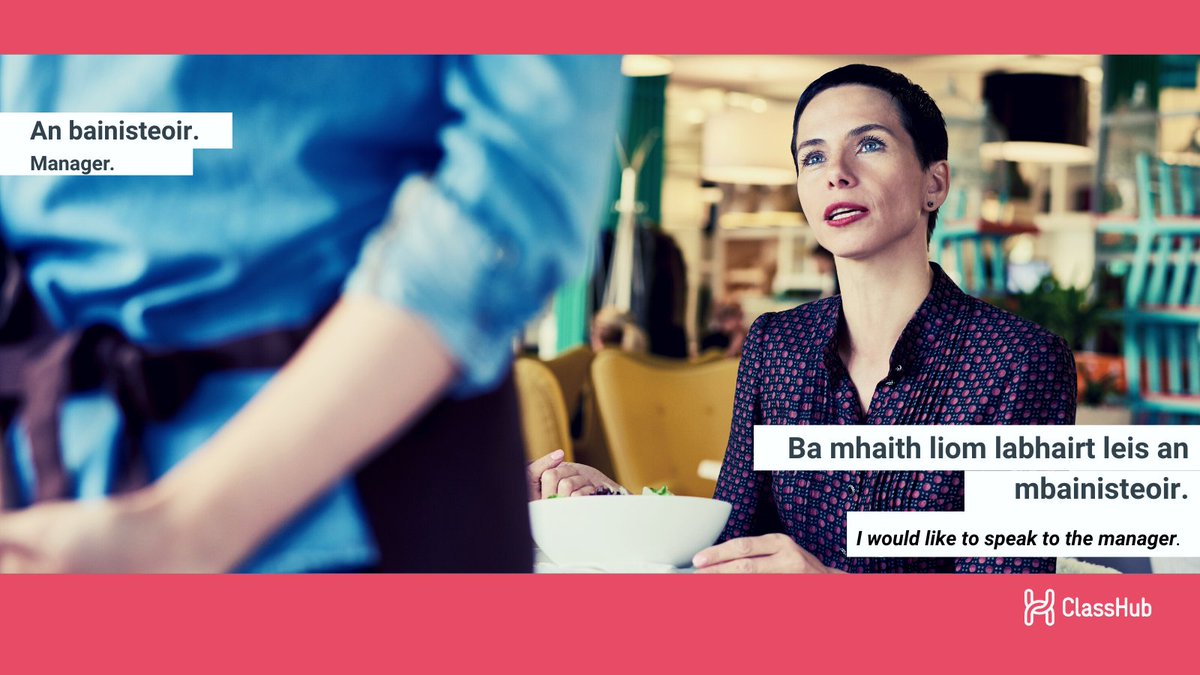 ClassHubapp's tweet image. Gaeilge Word Of The Day

An bainisteoir ➡️  Manager
I would like to speak to the manager.  
Ba mhaith liom labhairt leis an mbainisteoir.

Create a sentence with the #gaeilge word - An bainisteoir. Share with us your answer in the comments below.

#classhub