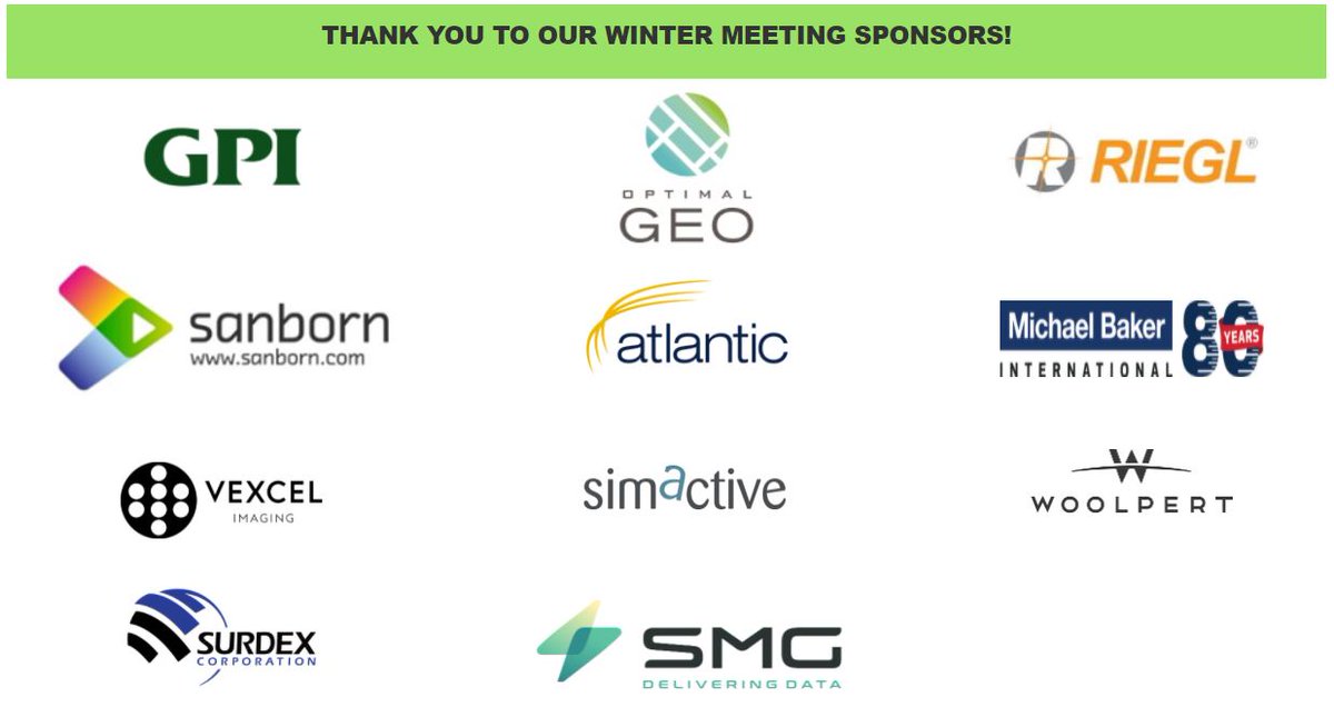 MAPPSorg's tweet photo. Thanks to our 2021 Winter Meeting Sponsors @GPIGeospatial @RIEGL @SanbornMap @AtlanticGrp @MBakerIntl @vexcel_imaging @SimActiveInc @woolpert @surdex @SMGforData @OptimalGeoInc https://t.co/Sp1CiEWzRh