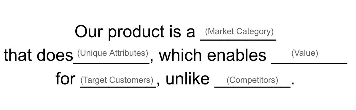 4/ For many people, positioning was taught to them in school using "The Positioning Statement." It's a sort of "Mad Libs" fill in the blanks exercise. The blanks are things like market category, value, competitors, etc. Typically it looks something like this.