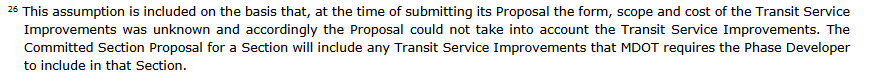 3/ Let's look at some of the key assumptions in the RFP. Exhibit 18 states that the concessionaire doesn't have to carry out any transit improvements on Phase 1 South because MDOT doesn't yet know what service it wants. But they can just figure that out later... right?