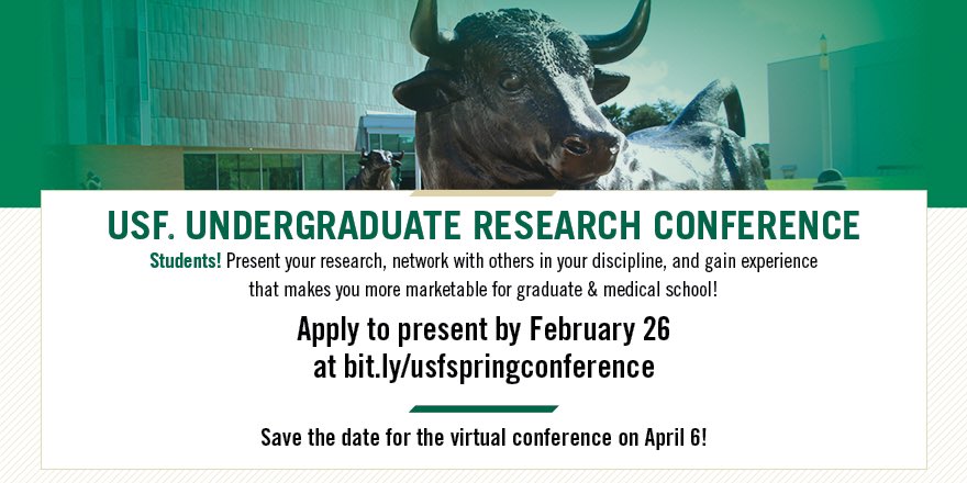 USFOrientation's tweet photo. Are you doing research as an undergraduate? Students may apply to present at the 2021 Undergraduate Research Conference until Feb 26. The online conference will be on April 6. Learn more at https://t.co/PAZ0kv4YV4 https://t.co/niTIiOm5KE