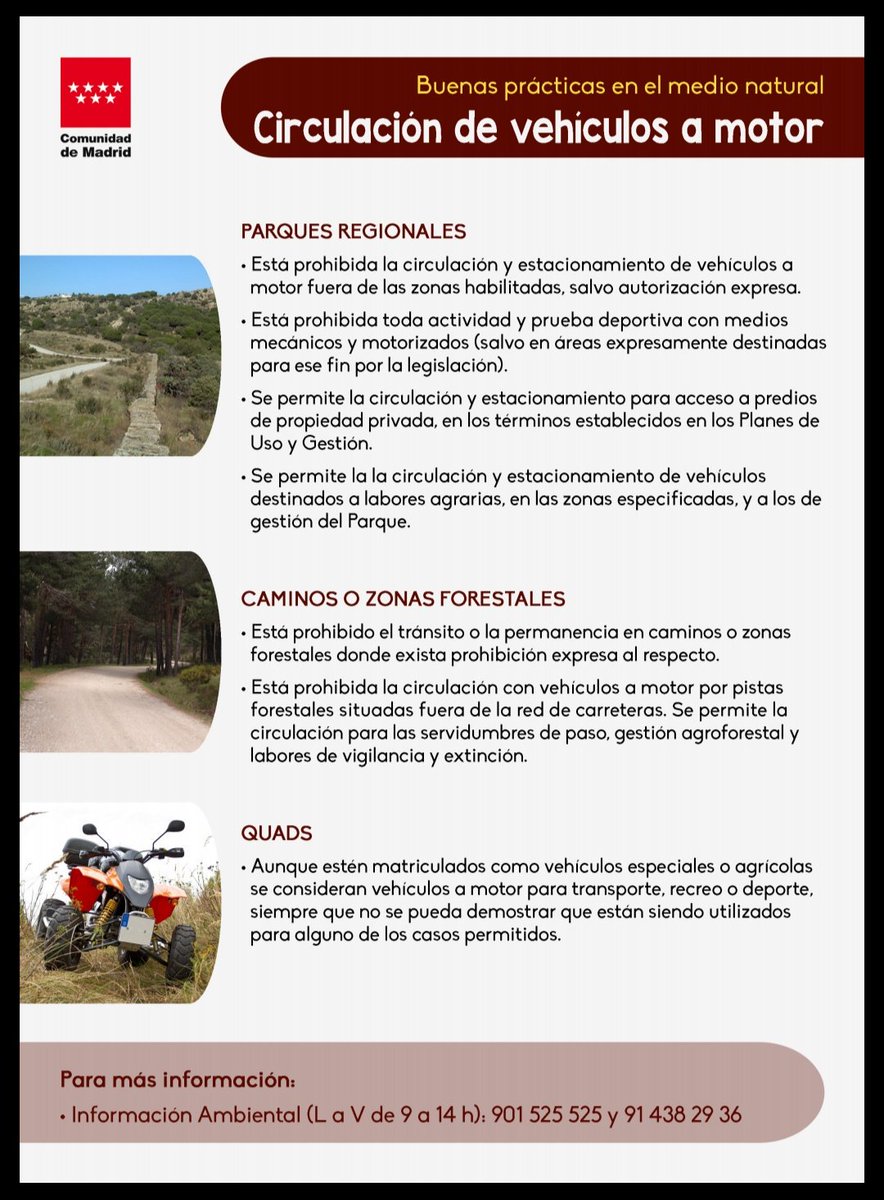 squalius's tweet photo. ℹ️ #InfoForestal #Madrid
⚠️ Circulación de vehículos a motor en el Medio Natural de la Comunidad de Madrid
⛔🌲🚙🌲🏍️🌲🚫
📌https://t.co/ZqeGSjTU7X
vía @ComunidadMadrid @medioambientecm
#AgentesForestalesCM 🚔
☎️112 https://t.co/57rSohm2Nu