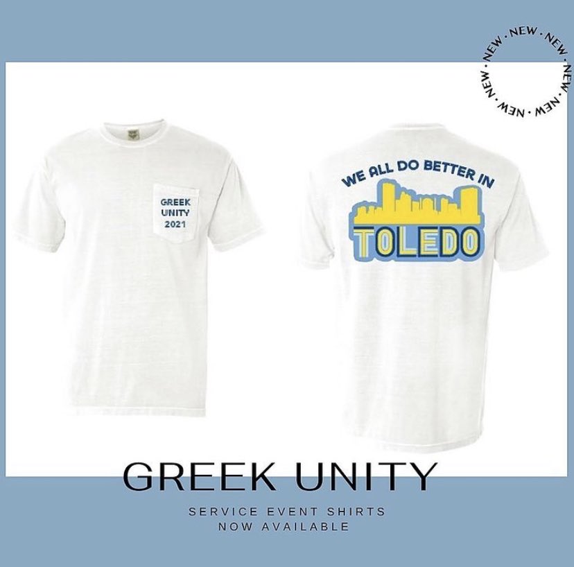 The Greek Unity Service event is coming up soon!! Purchase a shirt (comfort colors!) for $20 to help all of Greek Life support six Toledo area shelters!!