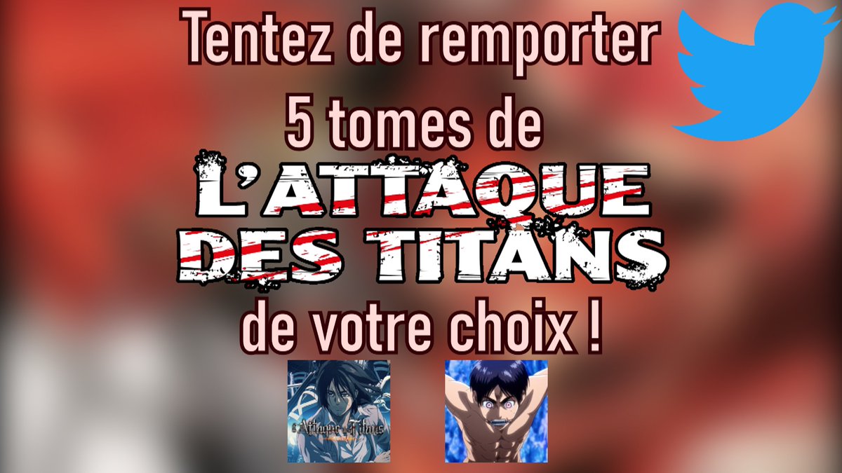 [Concours !]

Tentez de remporter 5 TOMES de Snk de votre choix en participant de cette manière :

- Retweeter ce tweet 
- Suivre <a href="/AttaqueTitansFR/">L'Attaque Des Titans FR</a> et <a href="/OMAX_SNK/">OMAX</a> 

TAS : 9 février 2021