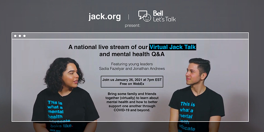 Bell_LetsTalk's tweet photo. Don't forget to join @jackdotorg at 7pm ET for a Virtual National Jack Talk and live Q&amp;A. Register here: https://t.co/rQbCplLYI3 #BellLetsTalk https://t.co/u8MRaxA954