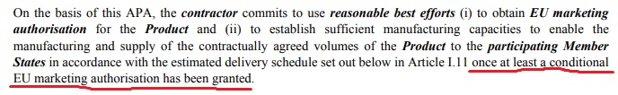 10. Missed this last night. 1.3 SUBJECT MATTER. Best efforts for production & supply kick in ONCE (at least) EMA conditional approval granted. To date, approval hasn't been granted, so obligations aren't (yet) enforceable.