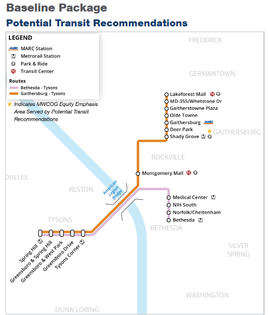 6/ Here are is the low & high transit service under consideration. Will P3 agreement require concessionaire to include adjacent park-and-ride lots with direct bus access on/off ramps? Will buses use the managed lanes for free? Will toll revenues subsidize fares? Not small issues.