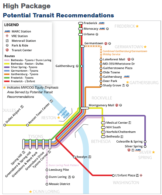 6/ Here are is the low & high transit service under consideration. Will P3 agreement require concessionaire to include adjacent park-and-ride lots with direct bus access on/off ramps? Will buses use the managed lanes for free? Will toll revenues subsidize fares? Not small issues.