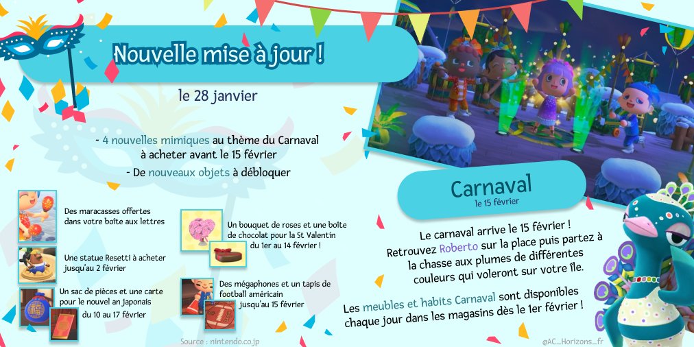 AC_Horizons_fr's tweet photo. Découvrez toutes les nouveautés de la prochaine mise à jour #ACNH ! 🎊 https://t.co/iE3B7K32Qa