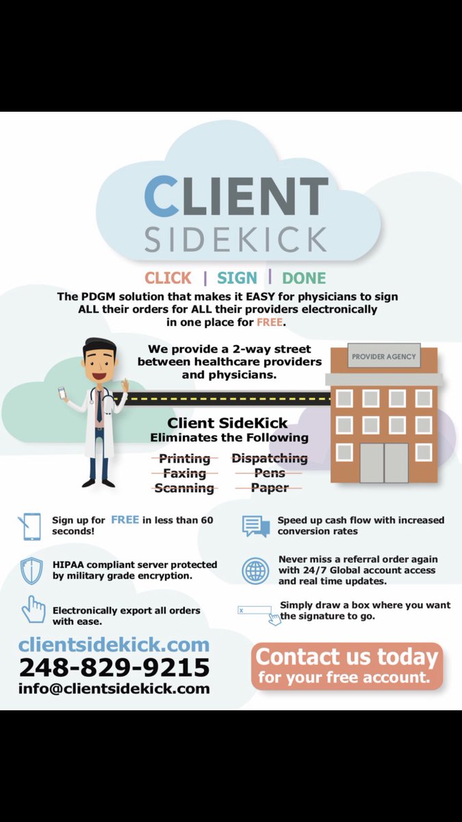 ClientSideKick's tweet image. Benefits of Electronic Signature

1. FREE for Physician’s/PA/NP/CNS
2. Improved Productivity 
3. Reduce Time and Resources on Faxing orders back to agency

No more printing, faxing, not knowing if your referral was delivered or not

ClientSidekick.com