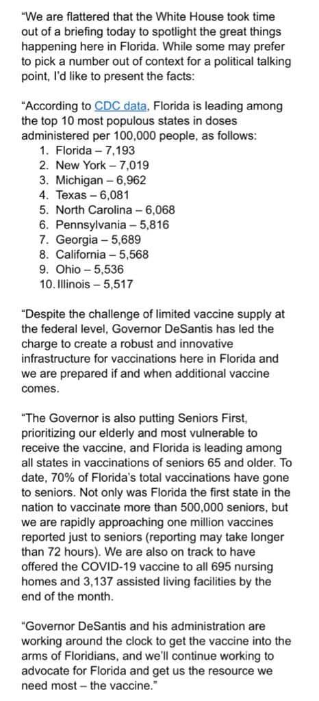 Pressed on this assertion, the governor’s office said in a statement Monday night that it has distributed the most amount of vaccines out of any other state. It should be pointed out the governor’s office’s statement did not directly respond to the “50%” comment.
