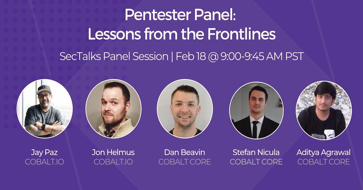 Cobalt (@cobalt_io) on Twitter photo What’s inside the mind of a #pentester? Join Cobalt’s <a href="/jjpaz/">Jay Paz</a> and <a href="/Moos1e_Moose/">Jon Helmus</a> along with Cobalt Core members <a href="/danbeavin/">Dan Beavin</a>, <a href="/stefan_nicula/">Stefan Nicula</a> and <a href="/exploitprotocol/">Aditya Agrawal</a> at our virtual conference on 2/18 to learn lessons from the frontlines. Register today at: hubs.ly/H0DDwxr0 What’s inside the mind of a #pentester? Join Cobalt’s <a href="/jjpaz/">Jay Paz</a> and <a href="/Moos1e_Moose/">Jon Helmus</a> along with Cobalt Core members <a href="/danbeavin/">Dan Beavin</a>, <a href="/stefan_nicula/">Stefan Nicula</a> and <a href="/exploitprotocol/">Aditya Agrawal</a> at our virtual conference on 2/18 to learn lessons from the frontlines. Register today at: hubs.ly/H0DDwxr0