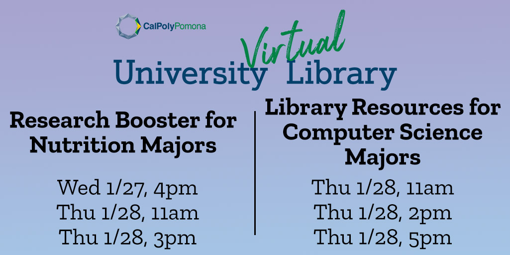 cpplibrary's tweet image. We are hitting the ground running this spring semester with two focused workshops. If you are a Nutrition or Computer Science Major, we have a slate of workshops to help you succeed and get those A’s.
#CPP #CPPLibrary #CPPEvents #LinkInBio