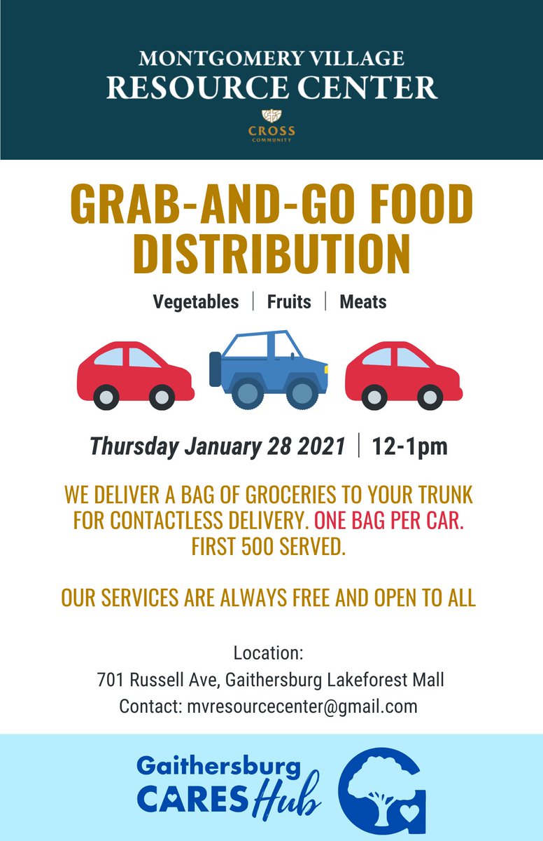 AAHI_Info's tweet photo. GRAB &amp; GO Food Distribution:  THURSDAY 1/28 from 12pm - 1pm at Lakeforest Mall in Gaithersburg, MD, organized by Montgomery Village Resource Center and in partnership with Gaithersburg Cares Hub. Please see the flyer for more information! @CrossCommMoCo https://t.co/K4f5jeHYkC