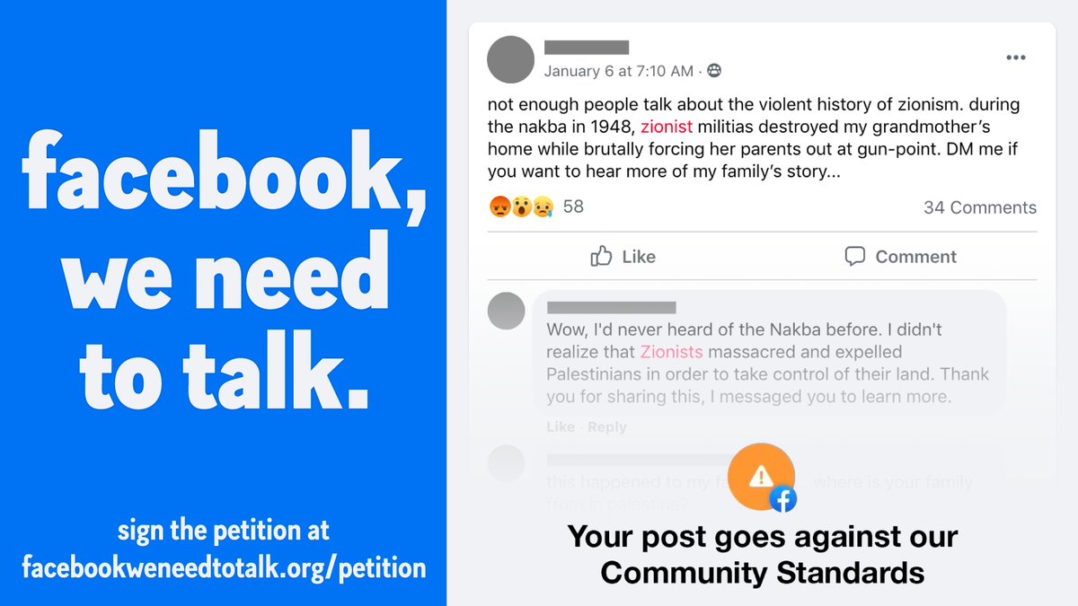 The Israeli government is asking Facebook to add “Zionist” to its hate speech policy, i.e. to equate "Zionist" with "Jew/Jewish.” @facebook, we need to talk — and you’re not letting us. So we’re launching a campaign to make sure you do.Learn more:  http://facebookweneedtotalk.org 1/9