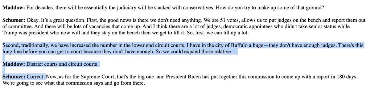 Chuck Schumer plugs the idea of adding more seats to federal courts (district and appeals courts).On Maddow: